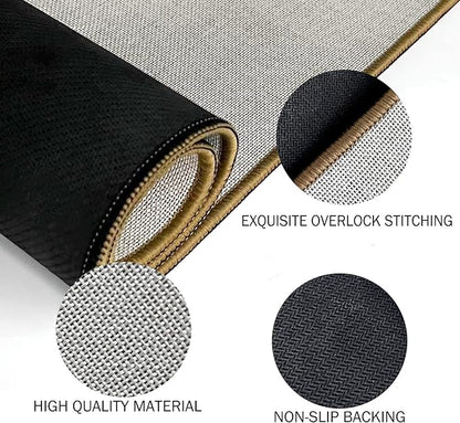 Doormat close-up showing stitched edge binding and textured non-slip backing