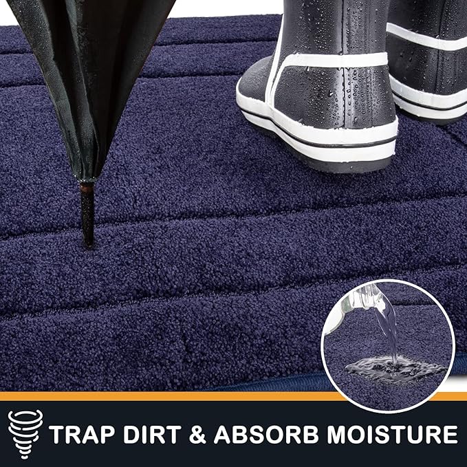 Navy blue low-pile runner with textured surface for trapping dirt at entry