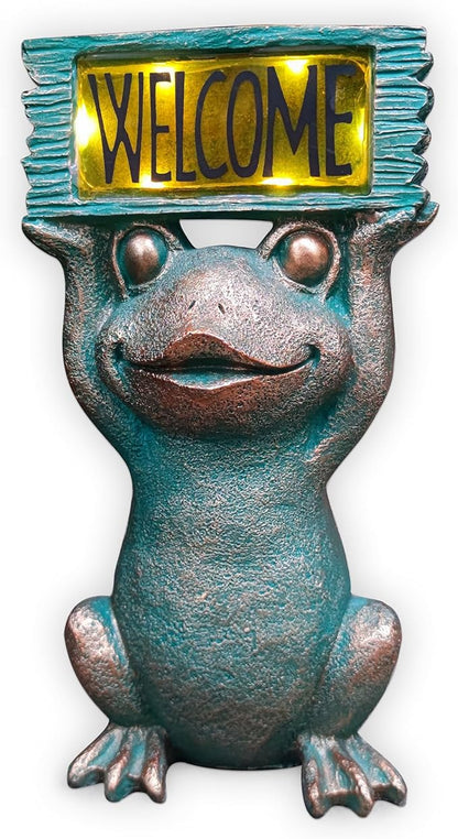 Solar Frog Garden Statue with Welcome Sign - 11.5-Inch Resin Outdoor Decor