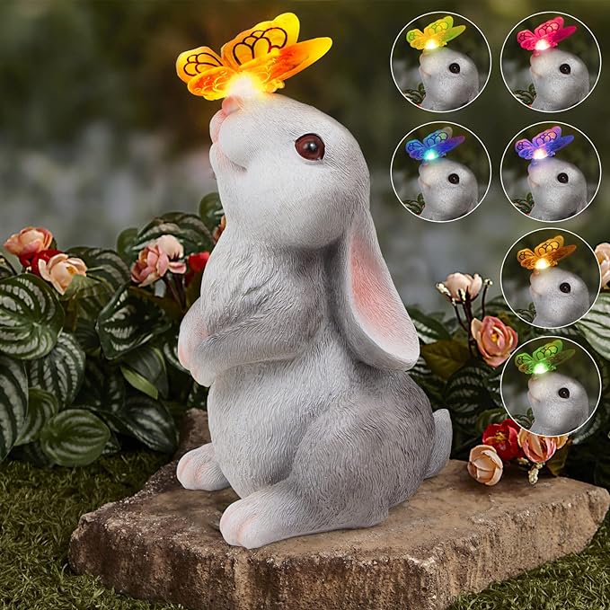 Solar Rabbit Garden Statue with Butterfly LED Light - 9.5-Inch Resin Decor