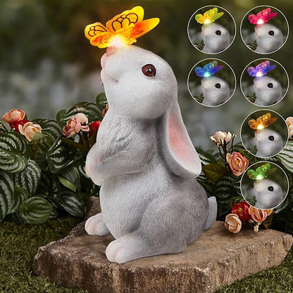 Solar Rabbit Garden Statue with Butterfly LED Light - 9.5-Inch Resin Decor