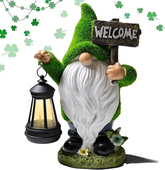 Green garden gnome holding a black solar LED lantern with a rustic “WELCOME” sign