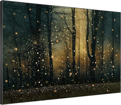 Magical Firefly Forest at Twilight Framed Wall Art – 46"x60" Enchanted Nature Scene | Large Format Warm Glow Statement Decor for Living Room & Bedroom
