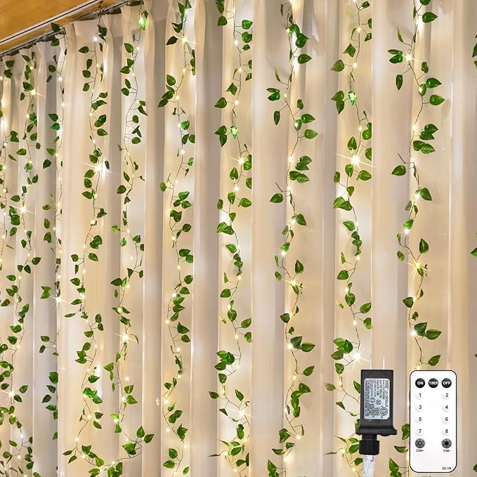 Pothos Vine Fairy Lights – 6.5ft x 6.5ft 200 LED Warm White | Pre-Strung Leaf Curtain Lights | Remote Timer Dimmer | Bedroom Dorm Wedding Party Wall Decor