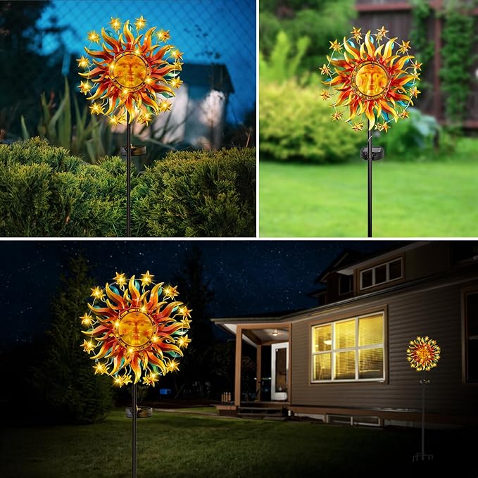 Colorful metal sun wind spinner with LED glow on a garden stake at night