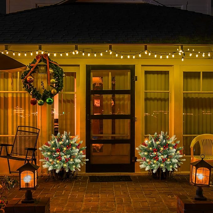 Two illuminated pre-lit artificial pine tree decorations on porch, with red berries and warm LEDs