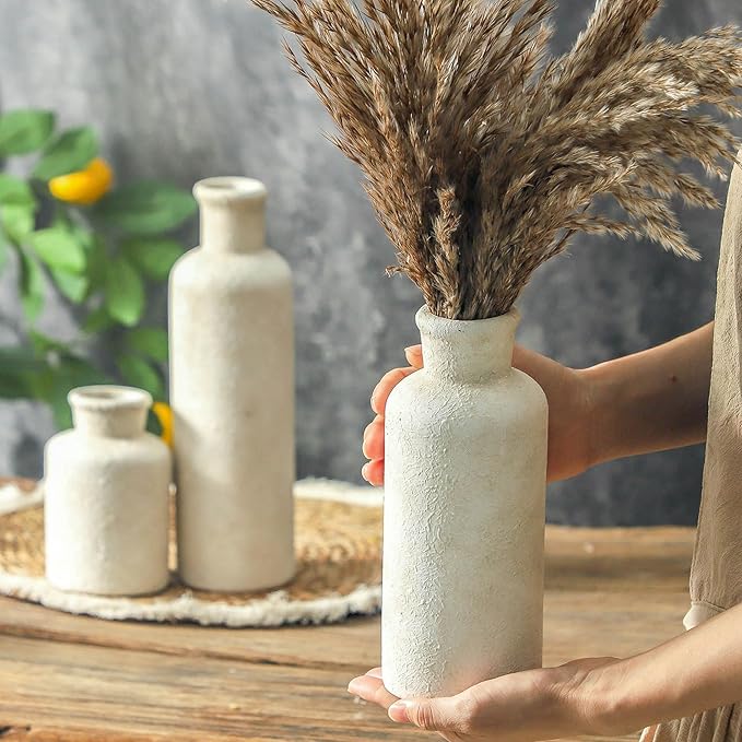 Set of 3 whitewashed ceramic vases, textured surface, mixed tall and short neck openings