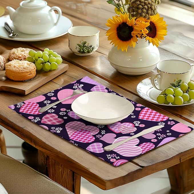Patterned Love Hearts Valentine's Day Placemats, Set of 4 – 12 x 18-Inch Washable Cotton Linen Table Mats for Anniversary, Wedding Parties & Indoor or Outdoor Kitchen Dining Decor