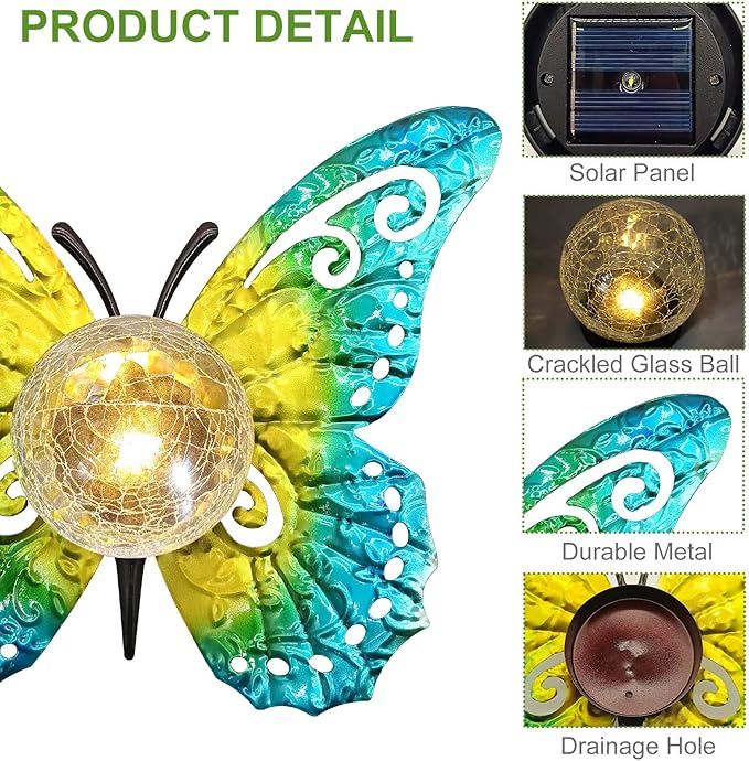 Solar Butterfly Garden Light with Crackle Glass Globe - Metal Outdoor Decor