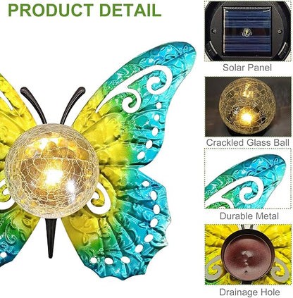 Solar Butterfly Garden Light with Crackle Glass Globe - Metal Outdoor Decor