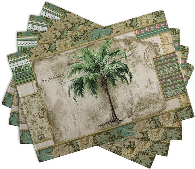 Angled placemat with green palm tree print and layered geometric border pattern.