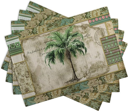 Angled placemat with green palm tree print and layered geometric border pattern.
