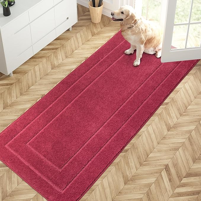 Burgundy red dirt-trapping entryway runner with low-pile texture and TPR backing