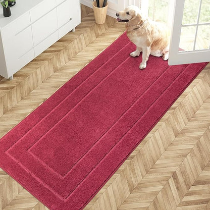 Burgundy red dirt-trapping entryway runner with low-pile texture and TPR backing