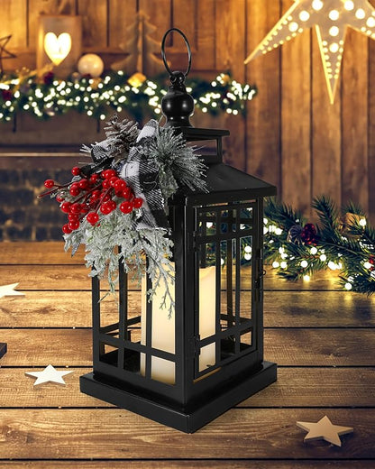Black metal Christmas lantern with faux flameless candle and red-and-silver wreath decor