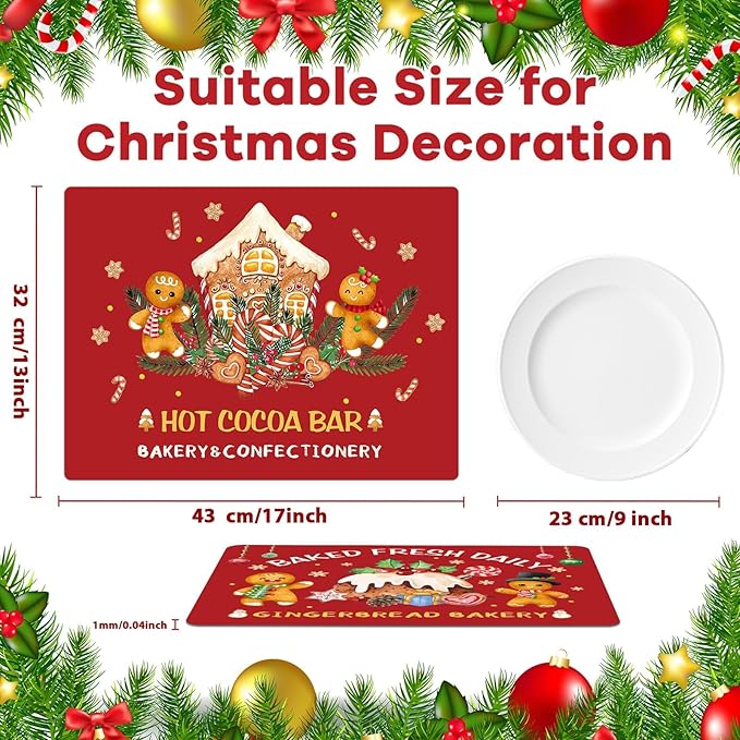 Christmas hot cocoa bar table mat with gingerbread house design and blank white round placemat