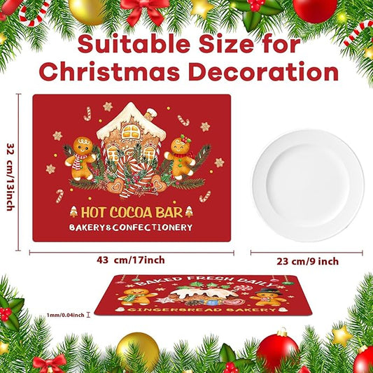 Christmas hot cocoa bar table mat with gingerbread house design and blank white round placemat