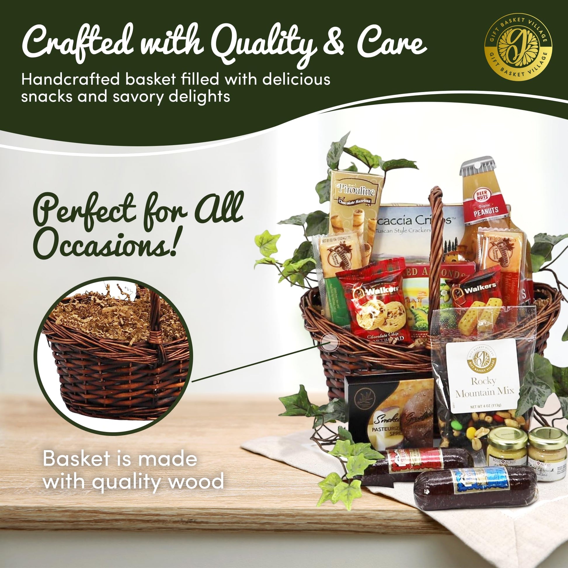 Wicker snack gift basket filled with assorted packaged treats and snack mix items