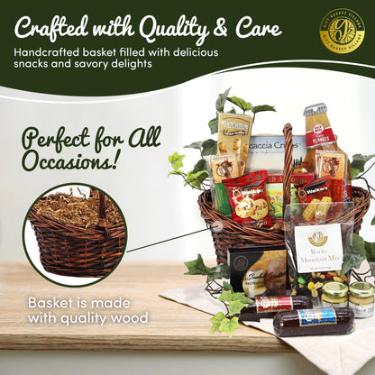 Wicker snack gift basket filled with assorted packaged treats and snack mix items
