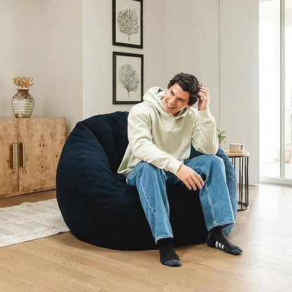 Deep Navy Boucle Cloudberry Cocoon Bean Bag Chair - Giant Structured Round Lounge Chair for Nursery, Reading, and the Most Enveloping Seat in the House