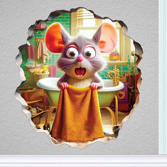 3D mouse character wall sticker decal, mouse holding a bowl in a bathroom scene