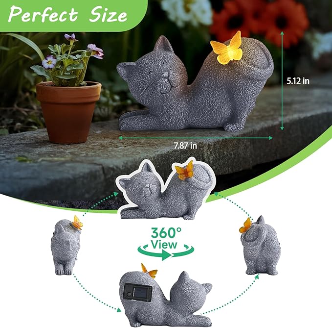 Solar Cat Garden Statue with Glowing Butterfly Tail - IP65 Resin Decor
