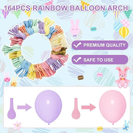 Rainbow balloon arch kit diagram with balloon sizes, colors, and step-by-step assembly icons