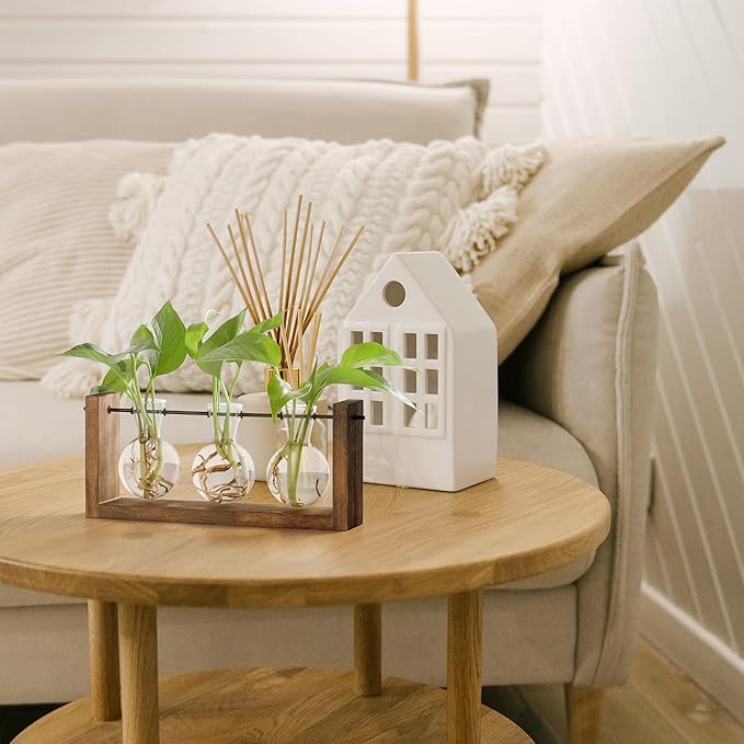 Small wooden 3-bulb glass plant propagation station with three clear bulb vases