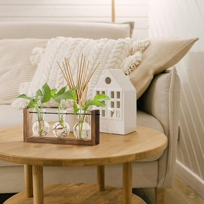 Small wooden 3-bulb glass plant propagation station with three clear bulb vases