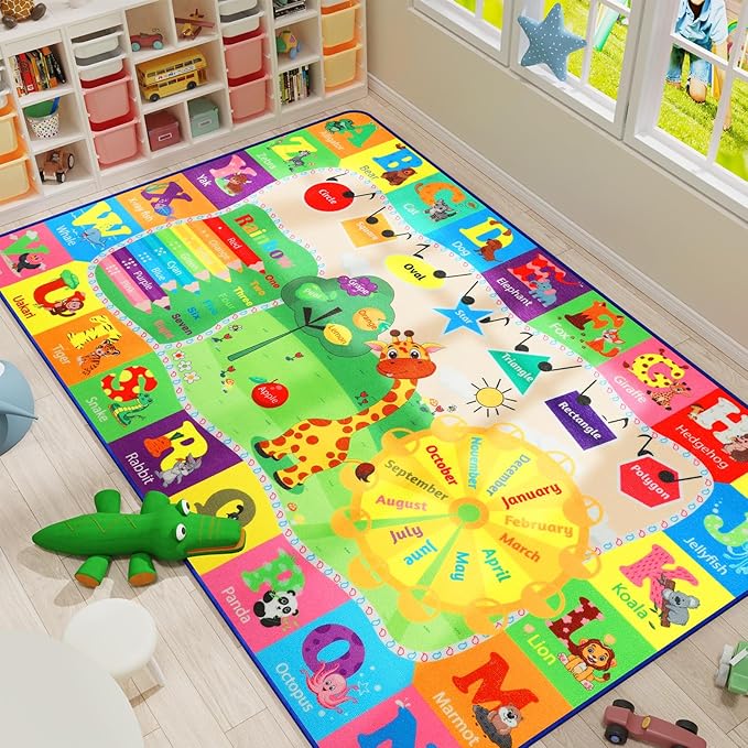 Kids educational alphabet and animal area rug, colorful with months and shapes border