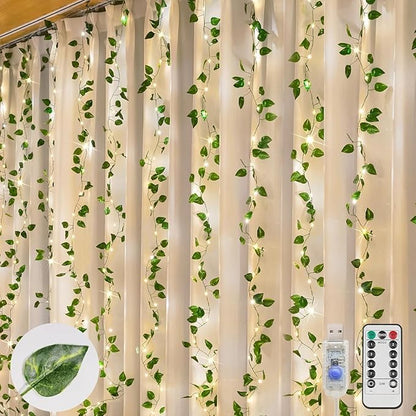 Pothos Vine Fairy Lights – 6.5ft x 6.5ft 200 LED Warm White | Copper Wire | Pre-Attached Leaf Curtain | Remote Timer Dimmer | Bedroom Dorm Wedding Party Wall