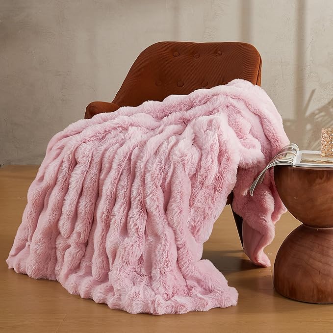 Pink Faux Fur Queen Blanket – 90"x90" | 750GSM Wavy Bubble Texture | Opulent Plush Throw for Bed, Sofa & Chaise Lounge