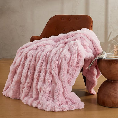 Pink Faux Fur Queen Blanket – 90"x90" | 750GSM Wavy Bubble Texture | Opulent Plush Throw for Bed, Sofa & Chaise Lounge