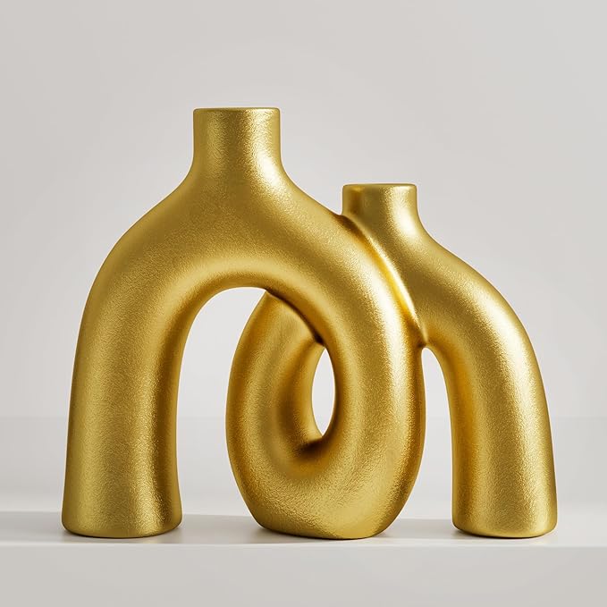Matte gold ceramic hug vase, conjoined donut shape with circular cutout