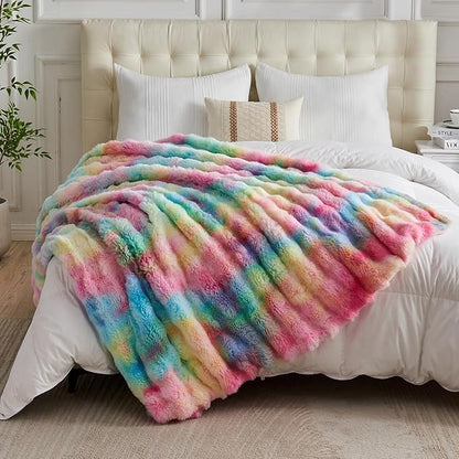 Rainbow Bubble Faux Fur Queen Blanket – 90"x90" | 800GSM Big Bubble Rabbit Fluff | Thick Plush Shaggy Bed Blanket for Queen Beds