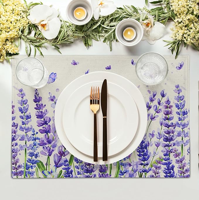 Lavender-print placemat set with butterfly details, styled under dinner plates.