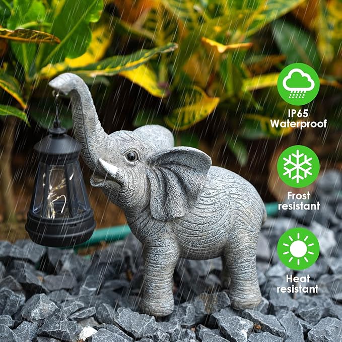 Solar Elephant Garden Statue with Lantern - IP65 Good Luck Resin Outdoor Decor