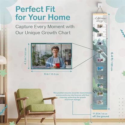 Personalized height growth chart with top hanging hook and photo collage area.