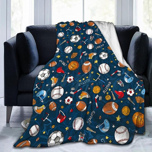 Sports Theme Fleece Throw Blanket – 60"x50" | Baseball, Football & Basketball | Soft Blanket for Kids, Boys & Sports Fans