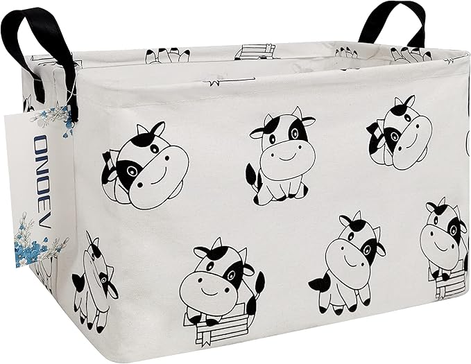 Cartoon Cow Canvas Storage Hamper Basket - Foldable Waterproof Black and White Cow Print Bin for Farm Nursery, Kids Room, and Cow Gift Hampers