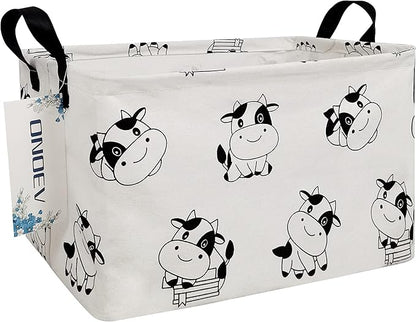Cartoon Cow Canvas Storage Hamper Basket - Foldable Waterproof Black and White Cow Print Bin for Farm Nursery, Kids Room, and Cow Gift Hampers
