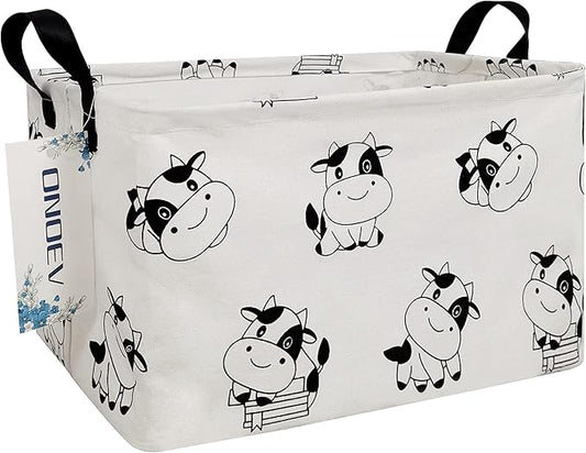 Cartoon Cow Canvas Storage Hamper Basket - Foldable Waterproof Black and White Cow Print Bin for Farm Nursery, Kids Room, and Cow Gift Hampers