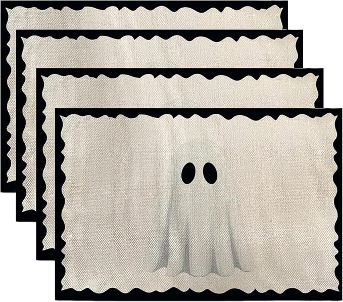 Set of 4 ghost Halloween placemats, off-white with scalloped black border