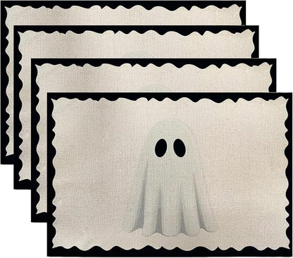 Set of 4 ghost Halloween placemats, off-white with scalloped black border
