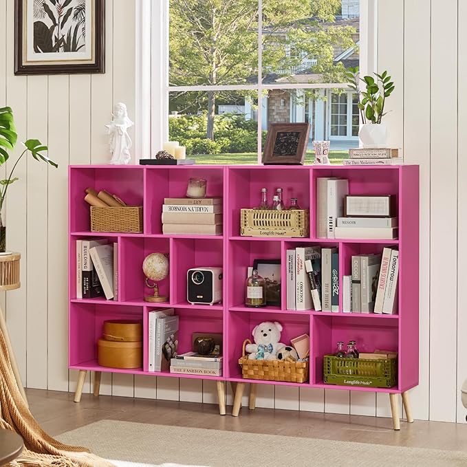 Pink 7-Cube Criss-Cross Bookshelf with Legs - Narrow 3-Tier Laminated Open Bookcase for Nursery and Small Spaces