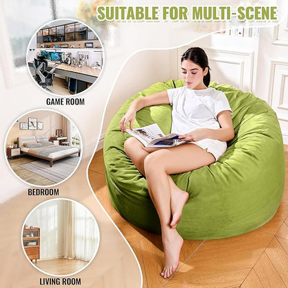4ft Fern Green Velvet Bean Bag Chair - Soft Sponge Fill Lounger for Nature-Inspired Rooms, Family Reading, and Gaming