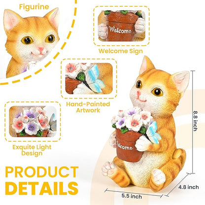 Cat Solar Garden Statue with Flower Pot and 5 LED Lights - Resin Outdoor Decor