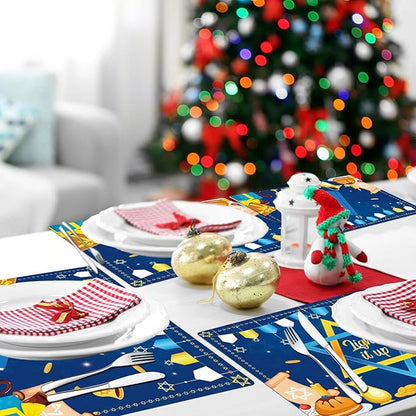Blue Hanukkah plastic placemats set on dining table with holiday plates and decor