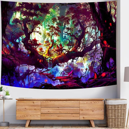 Mystical Landscape Forest Tapestry (Small) – Magical Enchanted Tree Wall Hanging | Psychedelic Nature Decor | 51.2" x 59.1"