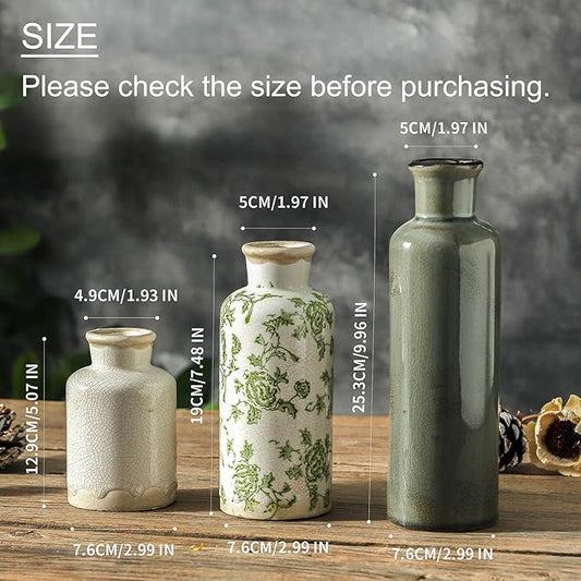 Set of 3 ceramic vases with sizes shown: dark green, white, beige green patterned